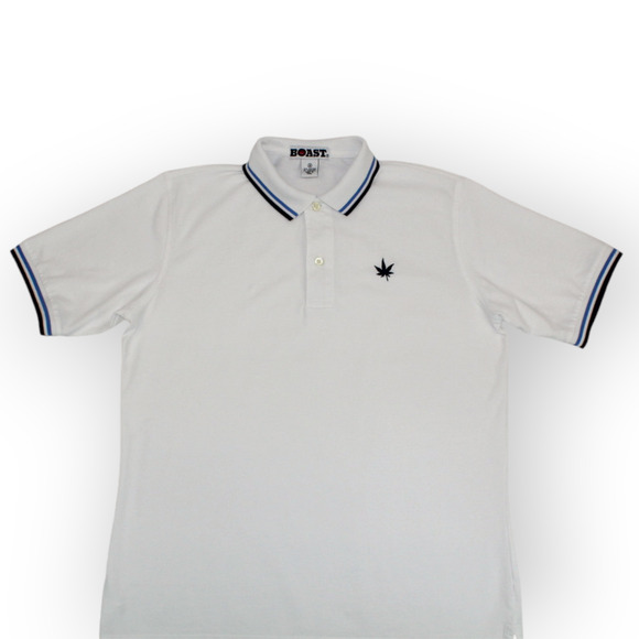 BOAST (M) Tipped Pique Polo White-Navy-Carolina Blue Cotton~Spandex Tennis - Picture 7 of 11